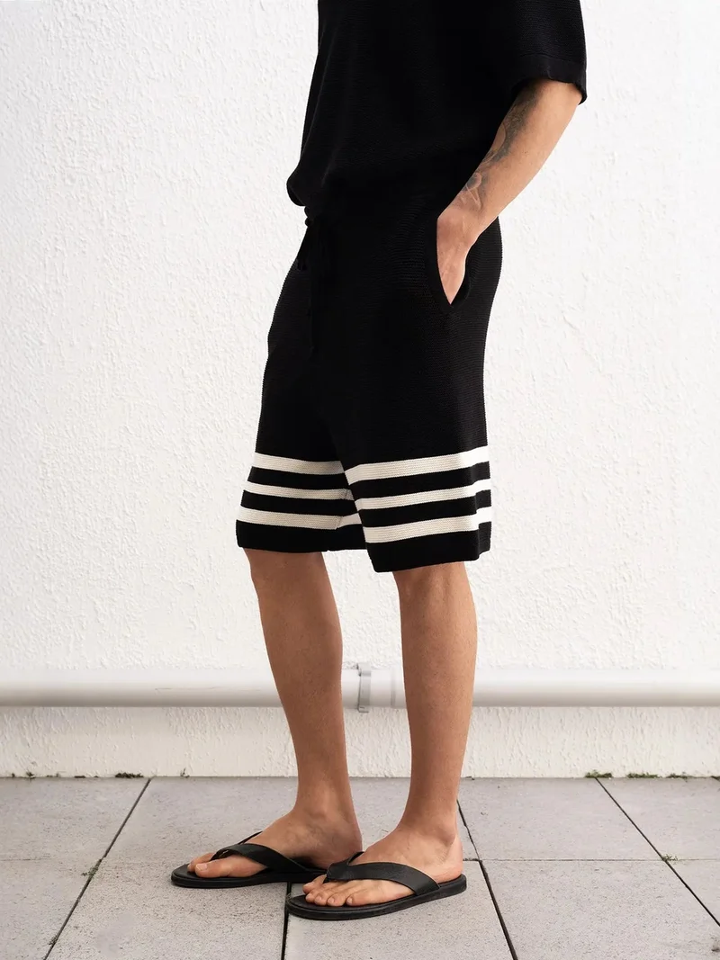Giesto Black GIESTO Striped Knitwear Shorts with Drawstring Waist for Men | Best Price UAE